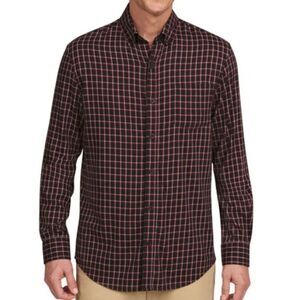 LANDS END Mens Brushed‎ Twill Button Down Shirt Sz L Black Red Plaid Flannel NWT